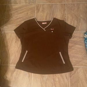 Koi brown Ashley scrub top sporty crossover v neck stripe trim